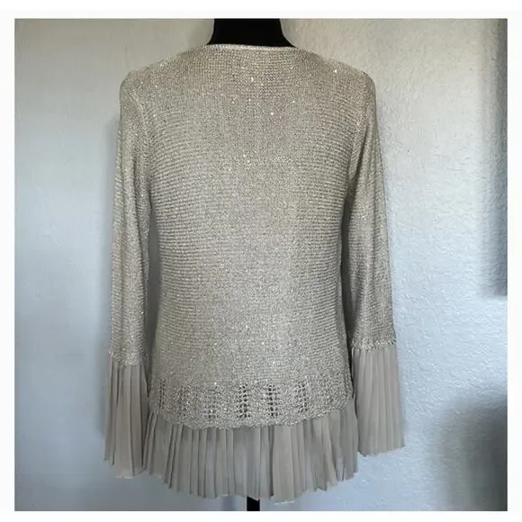 Sioni Women’s Large Sequin Layered Pleat Trim Pullover Sweater Twee Pop Beige - Picture 3 of 12